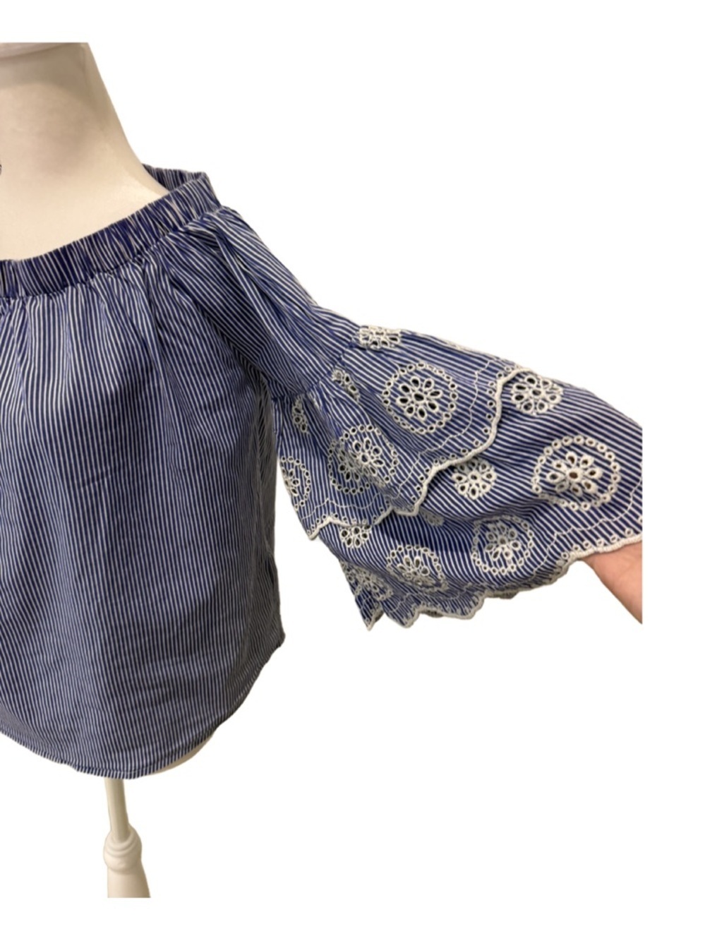 Rebellion Blue and White Striped Off-Shoulder Top. Large